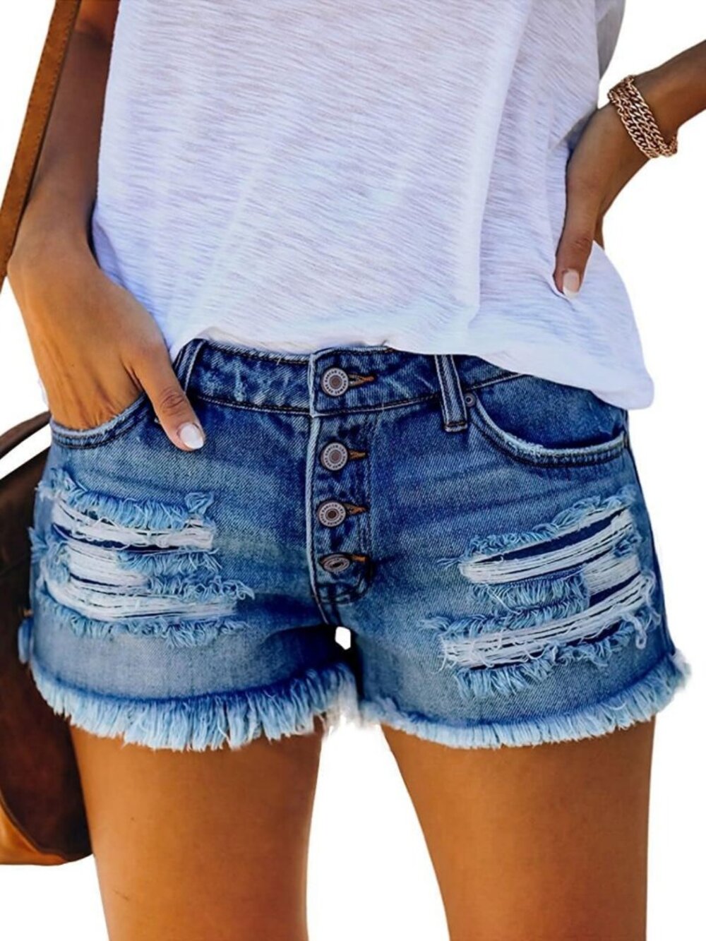 Mid Rise Stretchy Jean Shorts for Women | Frayed Raw Hem Denim Summer Style
